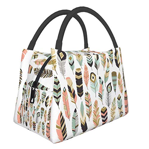 Tribal Feathers Pattern Crescent Moon Star Indian Horse Lunch Bag Insulated Lunch Tote Cooler Bag Lunch Box For Women Men School Work Picnic