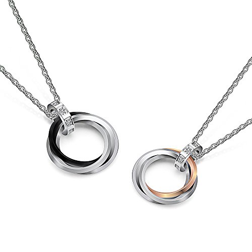 Uloveido His and Hers Titanium Triple Circle Ring Necklace Pairs Matching Friendship Necklace 3 for Couples TN053-Couple