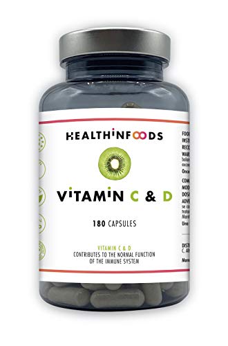 Vitamina C & D Altamente Concentrada-Healthinfoods -1200mg de Vit. C + 1500 U.I. de Vit. D3 por Dosis Diaria- Refuerza el Sistema Inmune y Fortalece tus Defensas -100% Vegano- 180 cápsulas-2 a 6 meses