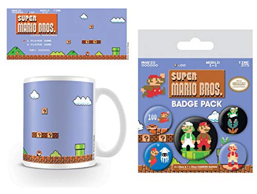 1art1 Super Mario, Bros, Retro Title Taza Foto (9x8 cm) Y 1 Super Mario, Set De Chapas (15x10 cm)
