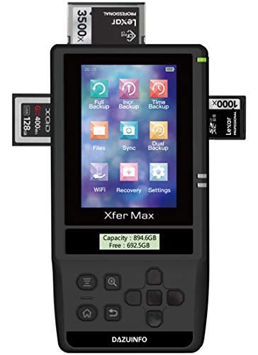2000 GB / 2TB SSD DAZUINFO XferMax X8-S [S*ON*Y] Disco Duro Sólido Externo WiFi con lector de tarjetas para XQD, CFast, SDXC UHS-II con 140 MB/s 1TB Memory Card Backup (2,5" USB 3.0, 3,5" LCD, OTG 3.0