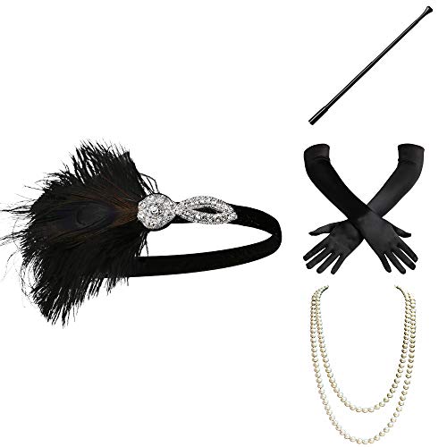 ArtiDeco 1920s Flapper Accesorios de los Años 20 Accessorios de Charlestón para Mujer Disfraz Gran Gatsby( Diadema, Collar de Perlas, Boquilla y Guantes)