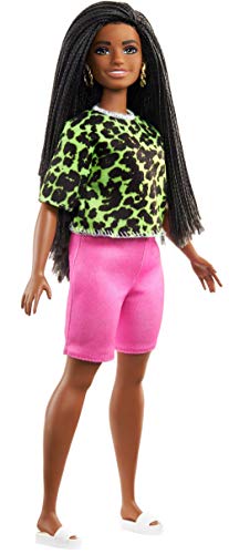 Barbie Fashionista Muñeca afroamericana curvy con camiseta de neón de leopardo, pantalones rosas y accesorios de moda de juguete (Mattel GYB00)