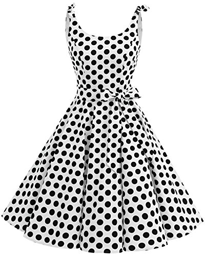 Bbonlinedress Vestidos de 1950 Estampado Vintage Retro Cóctel Rockabilly con Lazo White Black Big Dot L