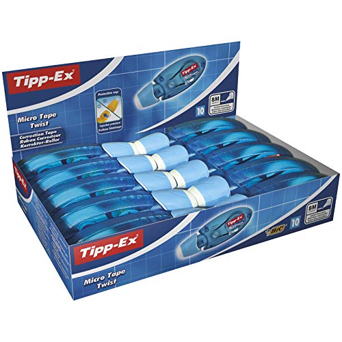 BIC Tipp-Ex Micro Tape Twist Cinta Correctora 8 m x 5 mm - Azul, Caja de 10 Unidades, con Cabezal Rotativo Para Proteger la Punta