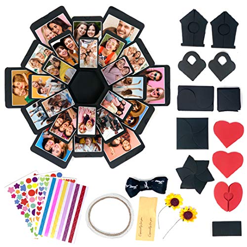 Caja de regalos para parejas en papel de bricolaje | 1 caja de fotos color negro, 4 hojas de pegatinas, 12 piezas de papel plegables | Caja de fotos de San Valentín.