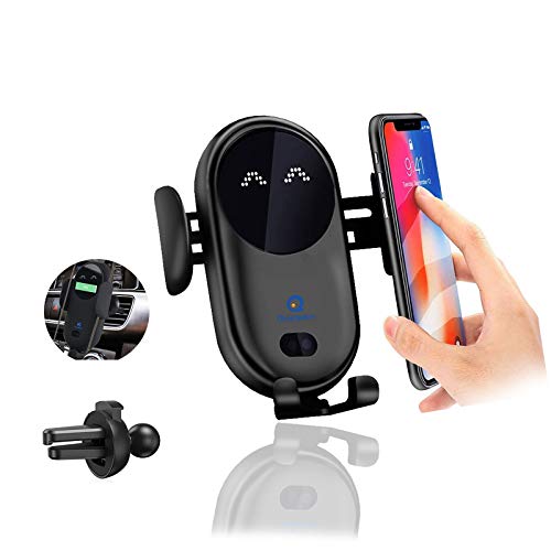 Cargador Inalámbrico Coche, Sensor de Movimiento 360° Wireless Car Charger Soporte con Bloqueo Automático Rápida Salida de Aire Soporte Teléfono Coche para iPhone 12 Pro XR XS 11 8 7 Plus(Negro)