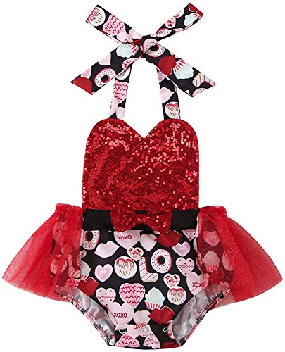 Carolilly Conjunto de 2 piezas de bebé con estampado de corazón rojo + diadema para el pelo de bebé sin mangas tutú vestido Valentine's Day Body niña 0 – 24 meses Rosso B 6-9 Meses