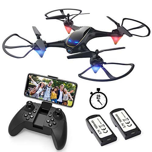 EACHINE E38 Drones con Cámara para Adultos LED Tiempo de Vuelo Largo WiFi FPV 720P 120°FOV HD Video Selfie Drone para Niños y Principiantes Drone para Interiores Exteriores (2 Baterías)