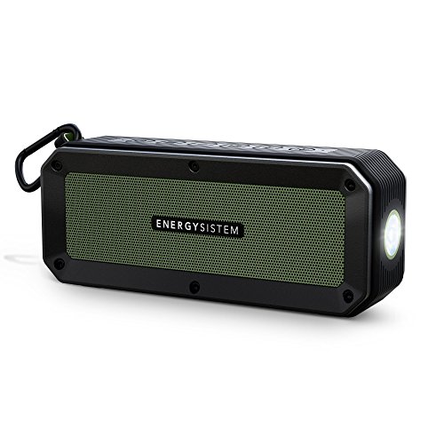 Energy Sistem Outdoor Box Adventure Altavoz Bluetooth (Bluetooth, Manos Libres, 10 W, microSD, Radio FM, Entrada de Audio, Resistente al Agua y Golpes, Linterna, mosquetón)- Verde