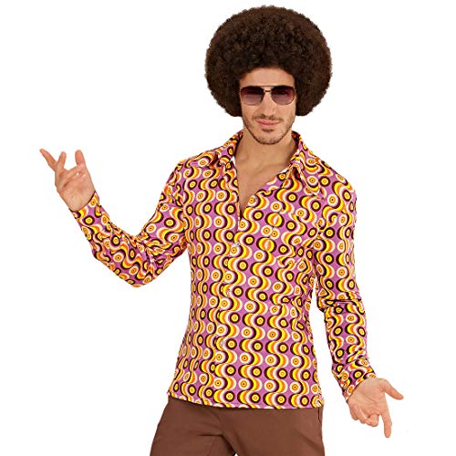 Estilizada camisa retro años 70 para caballero - Rosa-amarillo S/M (ES 48/50) - Extravagante outfit para hombre movimiento groovy camisa manga larga vintage - El punto alto para festival y carnaval