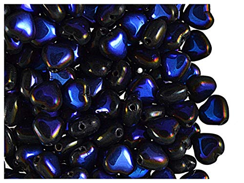 G&B Heart Beads, 50 Piezas, 6mm, Cuentas de Vidrio prensado checas en Forma de corazón, Orificio Lateral, Jet Full Azuro (Black, Half Blue Metallic)