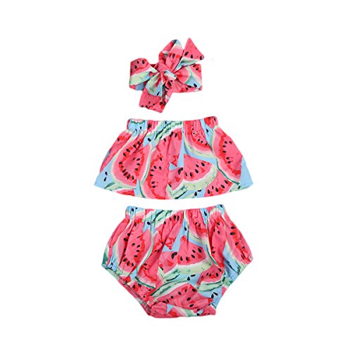 Geagodelia - Conjunto de 3 piezas de traje de baño para bebé de verano rojo con impresión de sandía, camiseta con hombros descubiertos + pantalones cortos + diadema con lazo rojo 6-12 meses