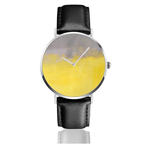 Gris y Amarillo Grunge Street Style Classic Casual Reloj de Cuarzo Acero Inoxidable Negro Correa de Cuero Relojes Relojes de Pulsera