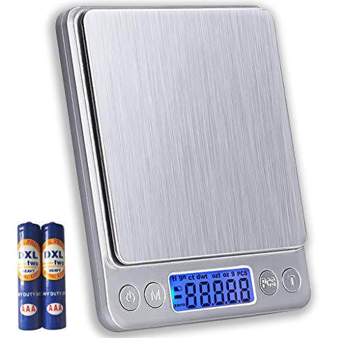 JOEAA Báscula de cocina Peso digital 0.01g/500g Gramos onzas con pantalla LCD, Tara, 6 unidades, Apagado automático, 2 bandejas, Baterías incluidas - Acero inoxidable