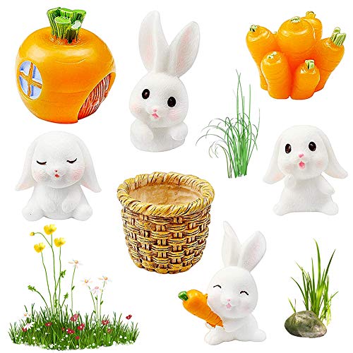 JPYH 7 pcs Figuras de Adornos de jardín de Conejos Conejos Accesorios de jardín de Hadas,Mini Figuras de Conejito de Resina Conejos con Zanahorias para la decoración del jardín del hogar