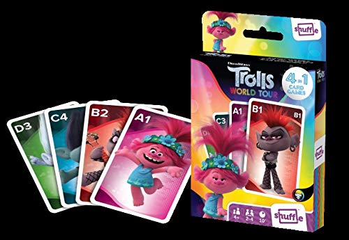 Juego de Cartas Shuffle Fun Toy Trolls 2 - Baraja de Cartas con 4 Juegos de Snap, Familias, Parejas y Juego de Acción