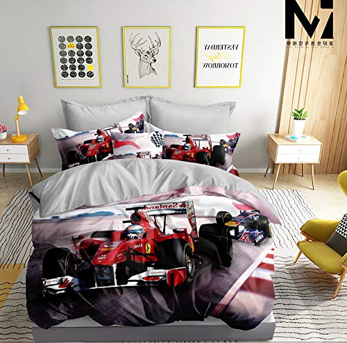 Juego de ropa de cama 3D Fórmula 1, funda nórdica de 135 x 200 cm y funda de almohada de 80 x 80 cm, color rojo, blanco y gris, con cierre