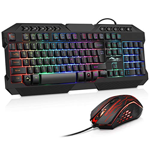 Juego de teclado y ratón para videojuegos, retroiluminación LED QWERTZ DE, colores arcoíris iluminados, USB, resistente al agua, teclado y ratón con 3600 DPI para PC Gamer