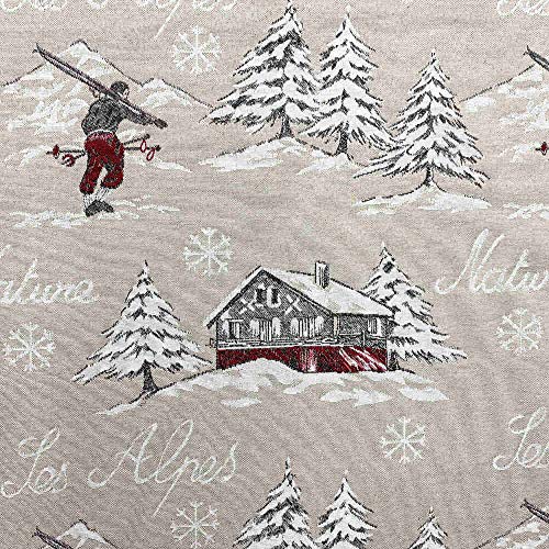 Kt KILOtela Tela de tapicería Navidad - Jacquard Gobelino - Retal de 100 cm Largo x 140 cm Ancho | Esquiadores, Les Alpes - Beige, Rojo ─ 1 Metro