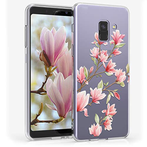 kwmobile Funda Compatible con Samsung Galaxy A8 (2018) - Carcasa de TPU y Magnolias en Rosa Claro/Blanco/Transparente