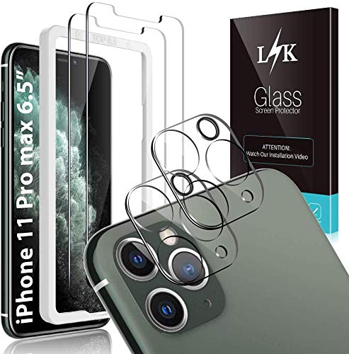 LϟK 4 Pack Protector de Pantalla Compatible con iPhone 11 Pro MAX 6.5 Pulgada con 2 Pack Cristal Templado y 2 Pack Protector de Lente de Cámara - Doble Protección Sin Burbujas Kit Fácil instalación