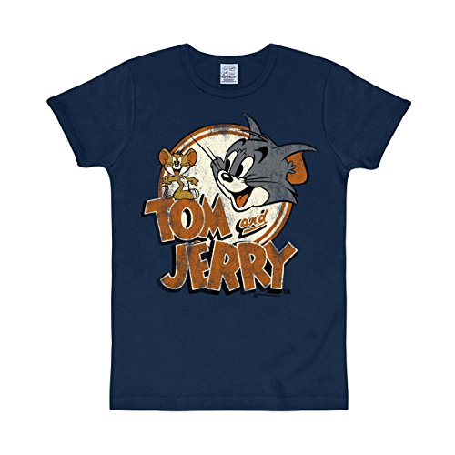 Logoshirt Dibujo Animado - Gato y Ratón - Tom & Jerry - Logo - Camiseta - Slim-Fit - Azul Oscuro - Diseño Original con Licencia, Talla L