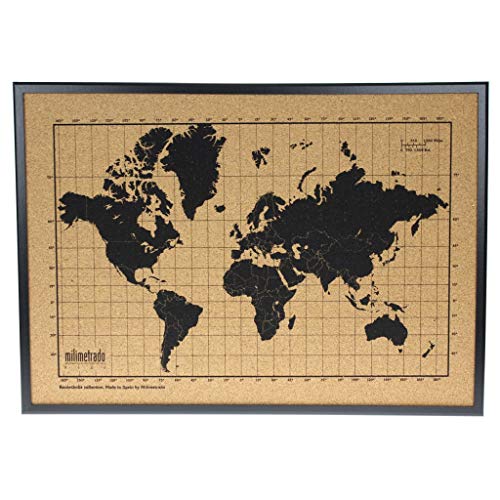 Mapa mundi de corcho pared marco madera - Mapa del mundo para marcar viajes - Tablero de corcho - Regalos originales para viajeros - Diseñado y fabricado en España por Milimetrado, Negro: 50 x 70 cm