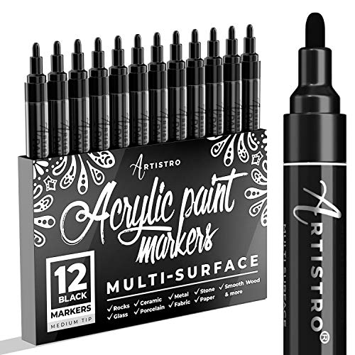 Marcador de pintura negra para madera, vidrio, lienzo, rocas, tela. Set de bolígrafos de pintura acrílica negra, punta media 12 marcadores VALUE PACK