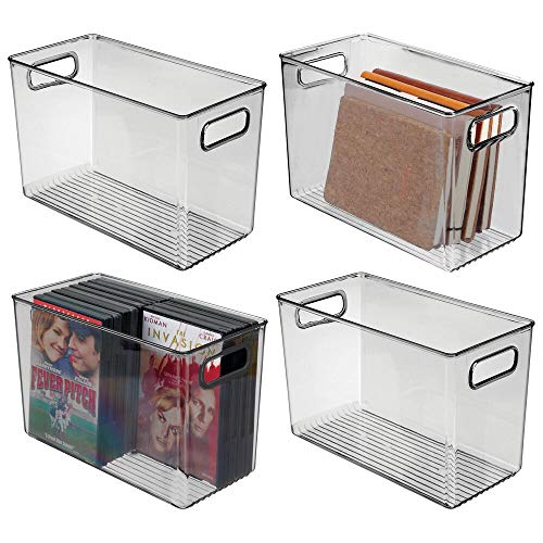 mDesign Juego de 4 cajas de plástico con asas integradas – Organizador transparente con diseño atractivo – Caja organizadora ideal para guardar cosméticos en el baño – gris oscuro