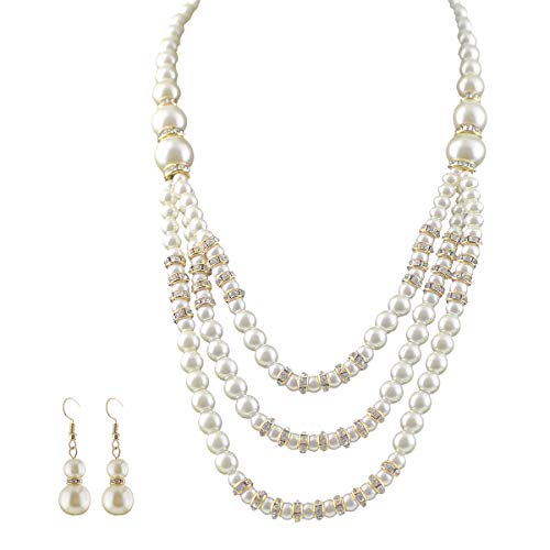 Mecool Juego de joyas de perlas de imitación para collar y pendientes de varias capas de perlas de imitación