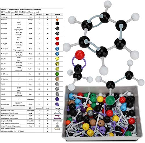 Modelo molecular, 267PCS Kit de estructura de bioquímica inorgánica orgánica molecular Modelo de enlace atómico Química Conjunto de estructura de órbita electrónica para niños Educación Enseñanza