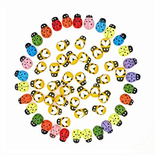 MUCHEN SHOP Mini Abejas y Mariquitas,100 Piezas 9x13mm Pequeña Abeja de Madera y 100 Piezas 9x13mm Mariquitas Adhesivas de Colores Bumble Bee Crafts Stickers para DIY Scrapbooking Decoración