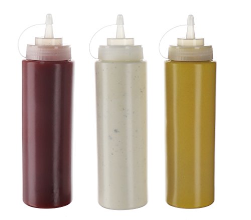 (Pack de 3) Botellas de Plastico Grandes 590 ml con Tapas de Rosca – Dispensadores Rellenables para Ketchup Mostaza Vinagre Salsas Aceite– Set de Botes Transparentes Sin BPA a Granel Para Cocina