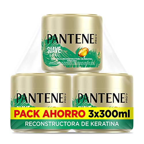 Pantene Suave Y Liso, Mascarilla Antiencrespamiento Cabello, Tratamiento Reconstructor De Keratina, 3 mascarillas de 300 ml