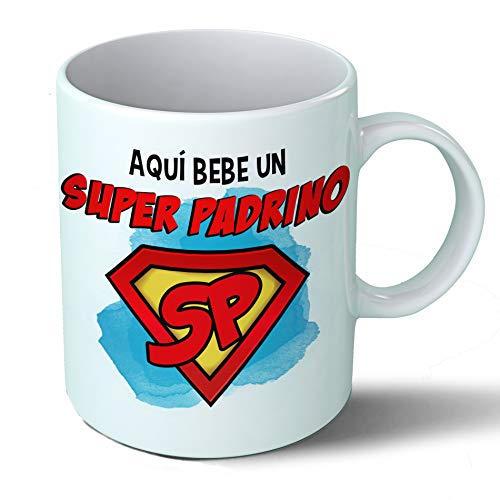 Planetacase Taza Padrino - Aquí Bebe Un Super Padrino - Regalo Original Padrinos Superpadrino Familia Taza Desayuno Café Ceramica 330 mL
