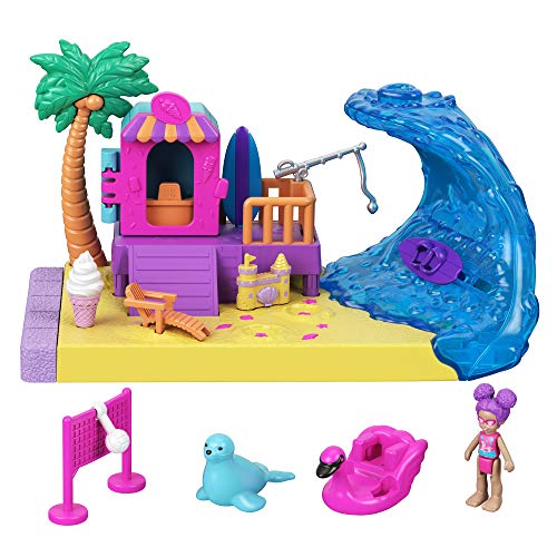 Polly Pocket Día en la playa Pollyville Set de juego con muñeca, mascota y accesorios, juguete +4 años (Mattel GTM68)