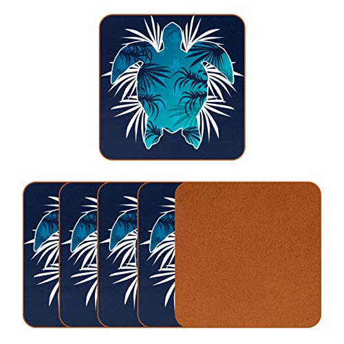 Posavasos de cuero para bebidas, diseño de tortuga tropical, color azul, para proteger muebles, resistente al calor, decoración de bar, juego de 6
