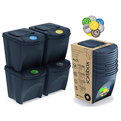 Prosperplast Juego de 4 cubos de reciclaje 100L Sortibox de plastico en color antracita, 4x25L