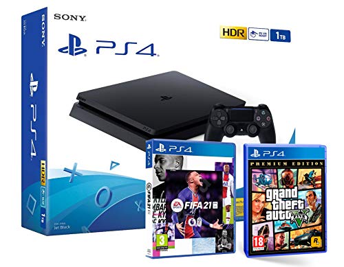 PS4 Slim 1Tb Negra Playstation 4 Consola + FIFA 21 + GTA V Grand Theft Auto 5
