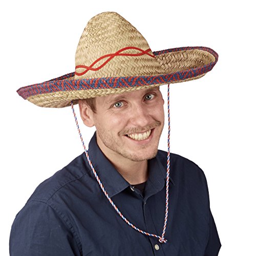 Relaxdays-Sombrero Mexicano, Gorro Fiesta, Accesorio Disfraz Mejicano, Cinta para la Barbilla, Paja, 1 Ud, 18 x 44 x 48 cm, Beige, color, talla única (10021527)