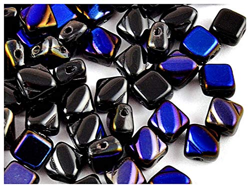 Silky Beads Dia, Loseta 6x6mm, 30 uds, Abalorios sedosos Dia - Cuentas de Vidrio prensadas cuadradas checas con Dos Agujeros diagonales, Jet/Azuro (Black, Half Metallic Blue)