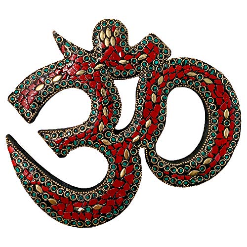 Snadi Escultura Om Color Rojo-Verde - 8 ‘’ 23 x 21 cm. Accesorios meditacion, Colgador de Pared con Gancho. Decoracion Hindu con Inserciones de Metal y pequeñas Piezas esmaltadas.