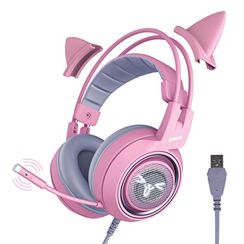 SOMIC Auriculares para juegos Pink Cat con luz virtual y LED 7.1, sonido envolvente, auriculares con micrófono con cancelación de ruido para computadora, PS4, computadora portátil para niñas, mujer