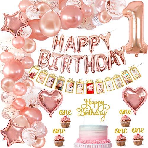 specool Decoración de cumpleaños de 1er cumpleaños,con pancarta de fotos para bebés de 1 a 12 meses, pancarta de feliz cumpleaños, globos de látex y confeti,para suministros para Fiestas