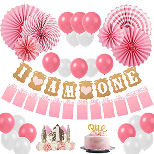Sweetneed Cumpleaños Rosa Decoracion de Fiestas de 1 año Corona Cumpleaños Papel de Ventilador 1-12 Meses Mensual Pared De La Foto"One" Cake Topper Rosa Blanco /10 Globos Cumpleaños (Pink1)