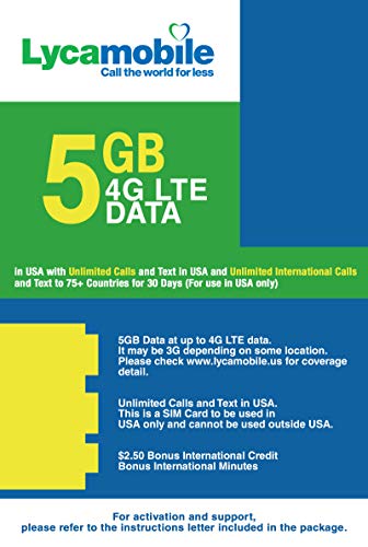 Tarjeta SIM prepaga de 4 GB 4G LTE, llamadas internacionales y mensajes de texto ilimitados, 30 días