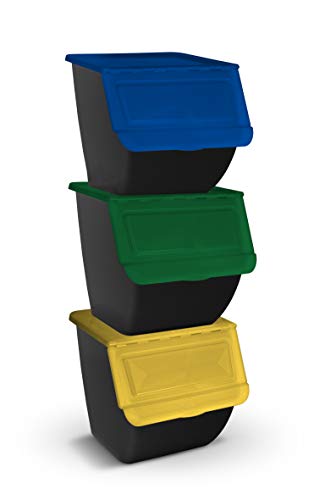 TIENDA EURASIA - Cubo de Basura para Reciclaje - Pack 3 Cubos de Basura de Cocina para Reciclar Apliables - 36L - (Papel - Vidrio - Plástico) (Negro)