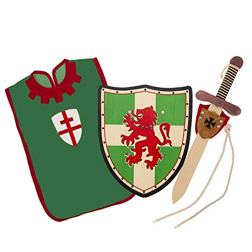 Txkkids Espada y Escudo para Niños de Madera, Caballero Medieval Templario,Incluye Colgador y Peto,Armas de Juguete para Niños..