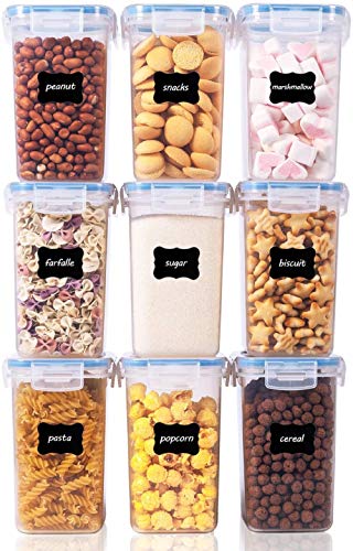 Vtopmart 1.6L Recipientes para Cereales Almacenamiento de Alimentos, Jarras de Almacenamiento de Plástico con Tapa Hermética Sin BPA,Juego de 9 + 24 Etiquetas, para harina,café (Azul)